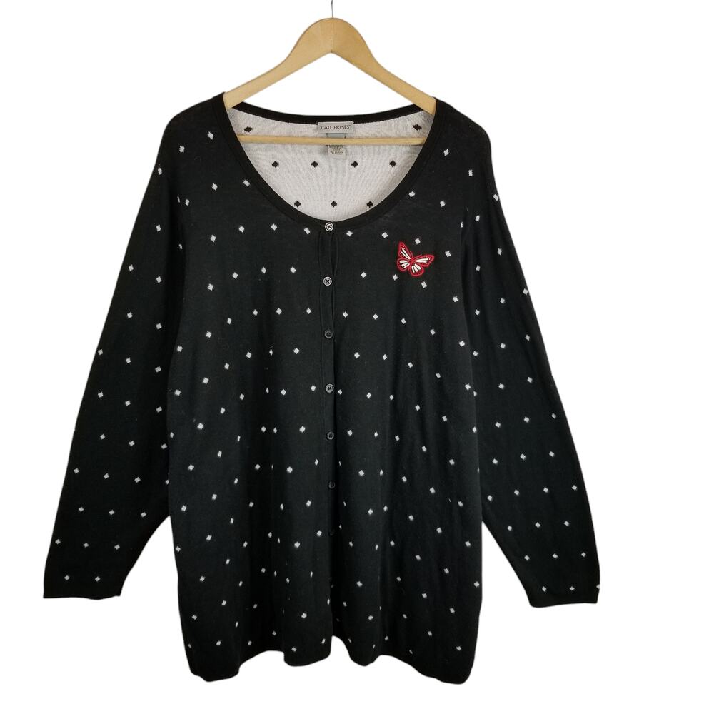 Catherines Women's Black White Polka Dot Butterfly Cardigan Sweater Size 3X